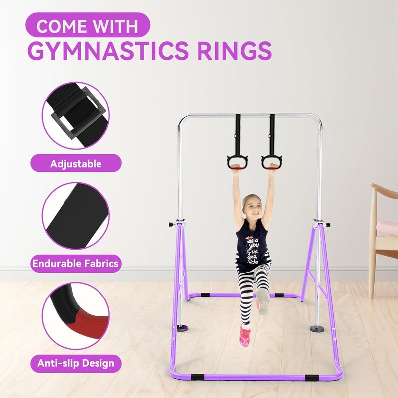 FINME Gymnastics Bar for Kids with Gymnastics Rings, Height Adjustable Gymnastics Horizontal Bar, Foldable Bar Gymnastics Equipment for Home Room Indoor Outdoor Gym Practics, Gymnastic Bar - Image 3